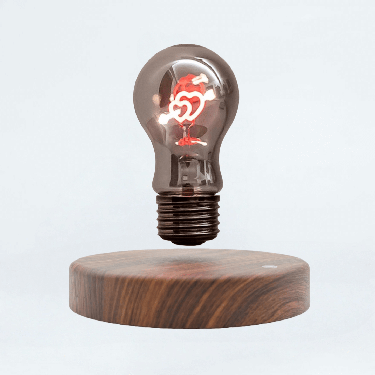 Cupid heart filament levitating bulb lamp on wooden base