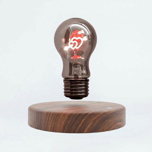 Cupid heart filament levitating bulb lamp on wooden base