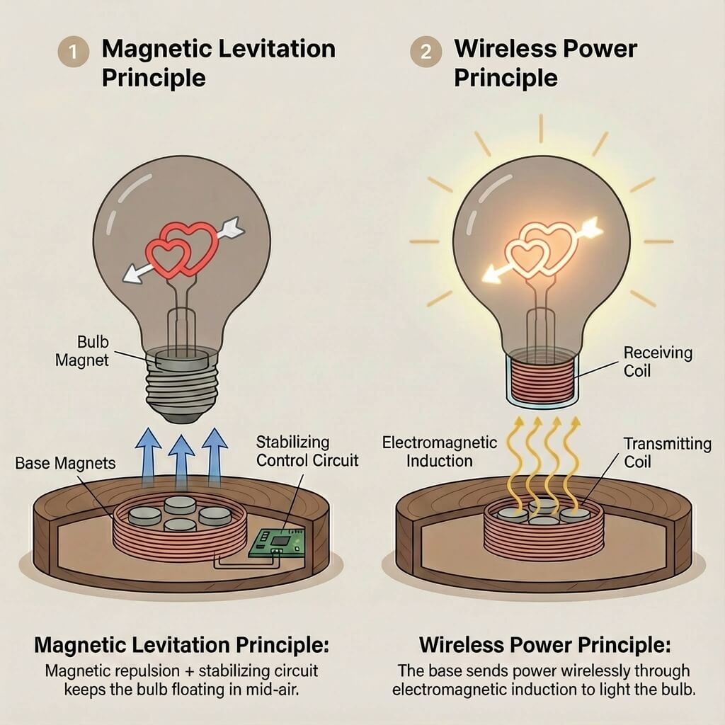 Diagram explaining how the Cupid heart levitating bulb works