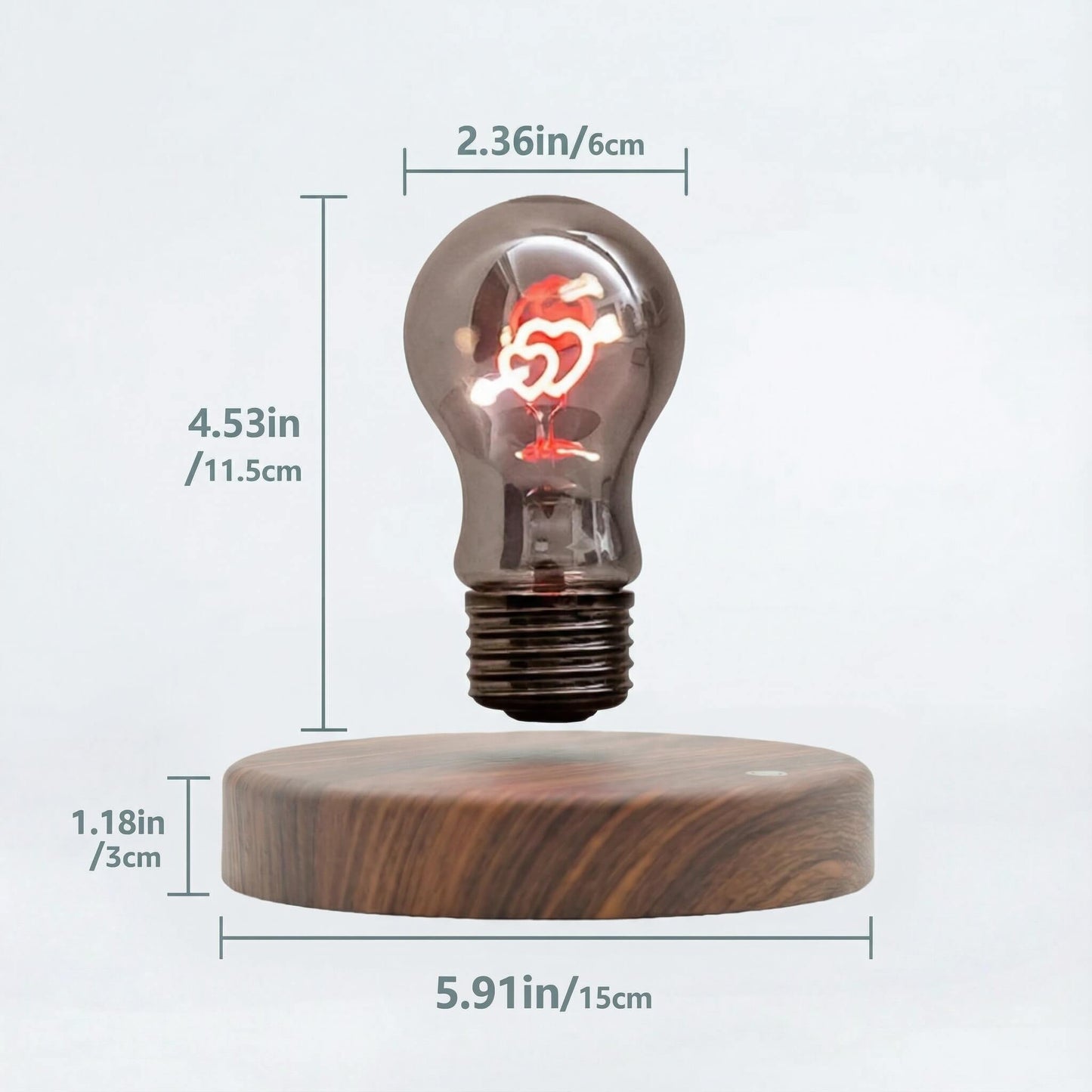 Product size dimensions of Cupid heart magnetic levitating bulb