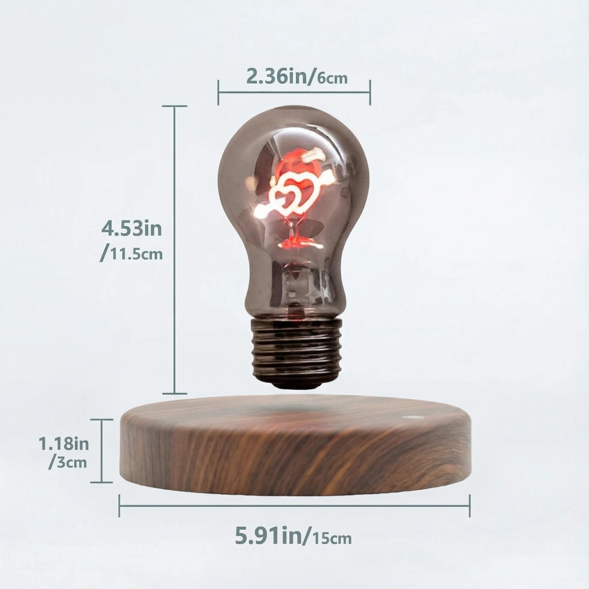 Product size dimensions of Cupid heart magnetic levitating bulb
