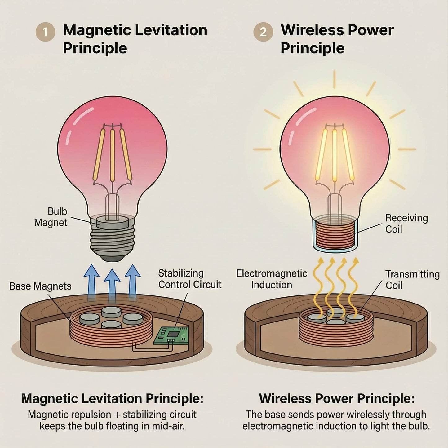 Magnetic levitation and wireless power principle diagram for classic light bulb levitating lamp
