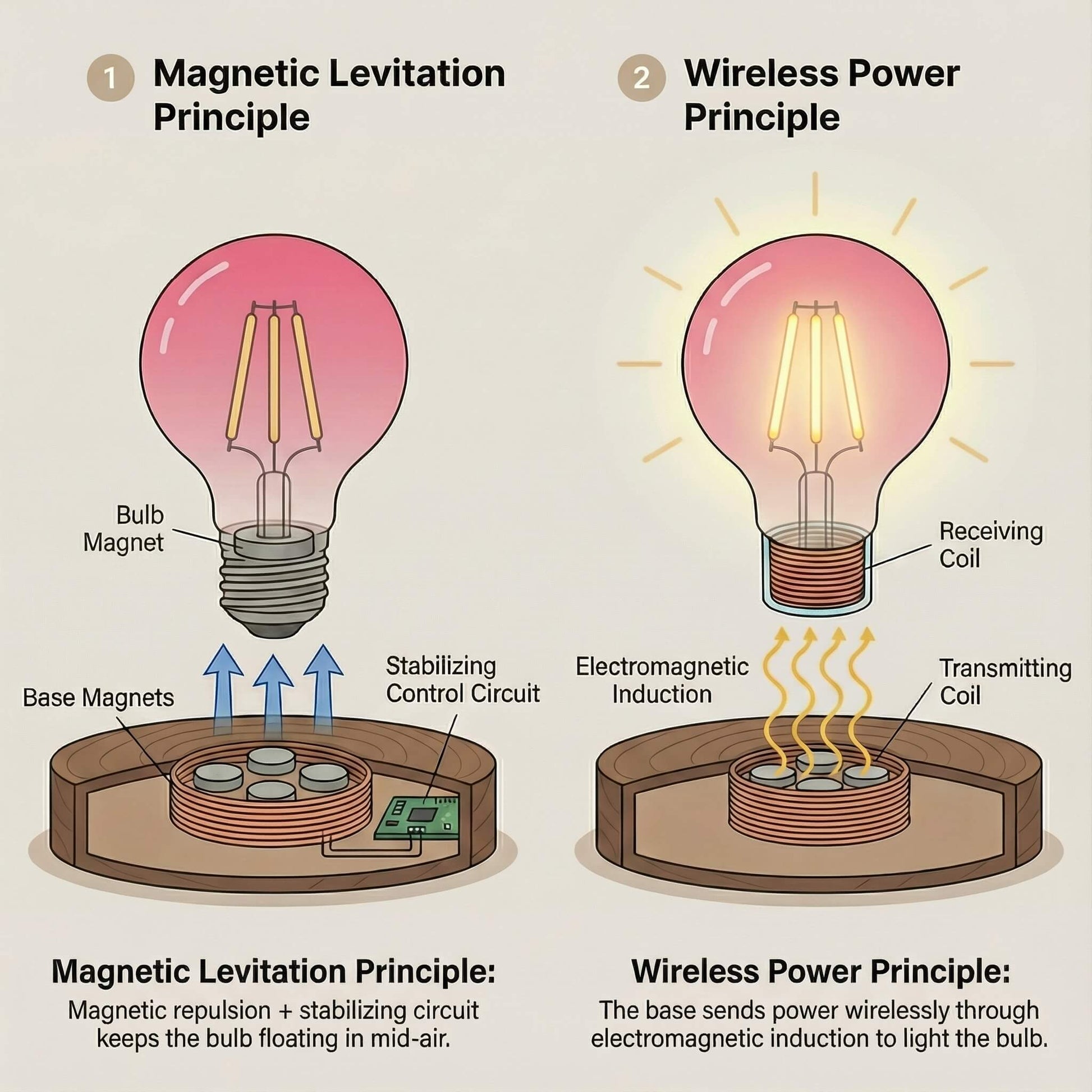 Magnetic levitation and wireless power principle diagram for classic light bulb levitating lamp
