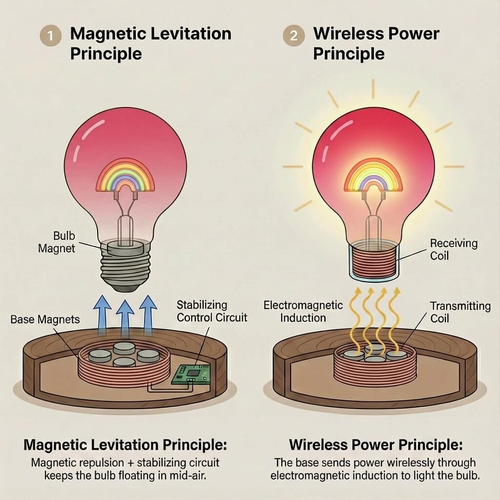 Magnetic levitation and wireless power principle diagram for floating light bulb