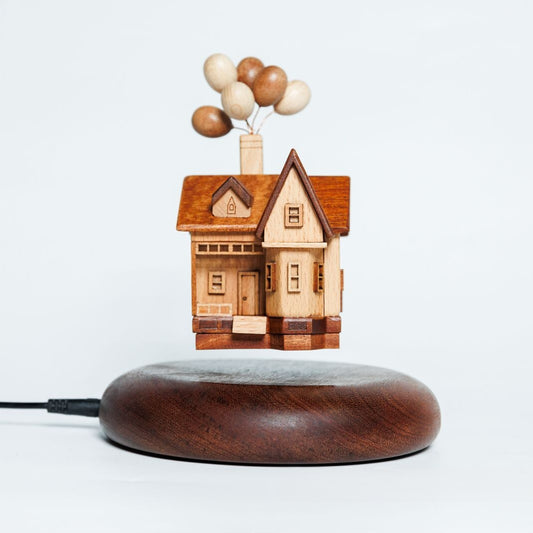 Handmade magnetic levitating wooden balloon house with walnut base, floating desk decor gift.