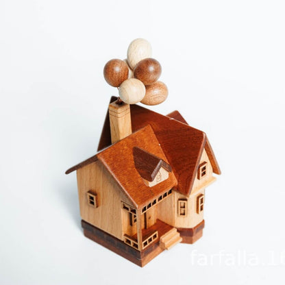 High angle view of the magnetic floating wooden house, highlighting the roof craftsmanship.