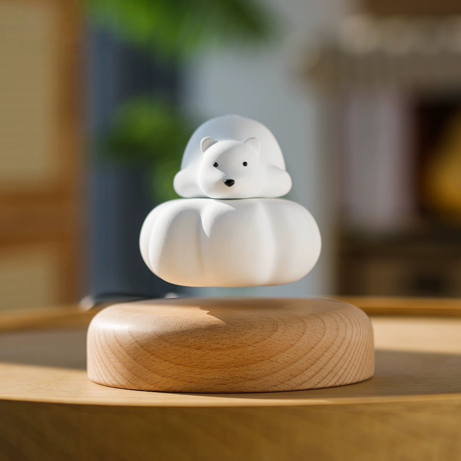 Magnetic Levitating Wooden Polar Bear On Cloud – Handmade Solid Wood Desk Decor Gift, Floating Toy
