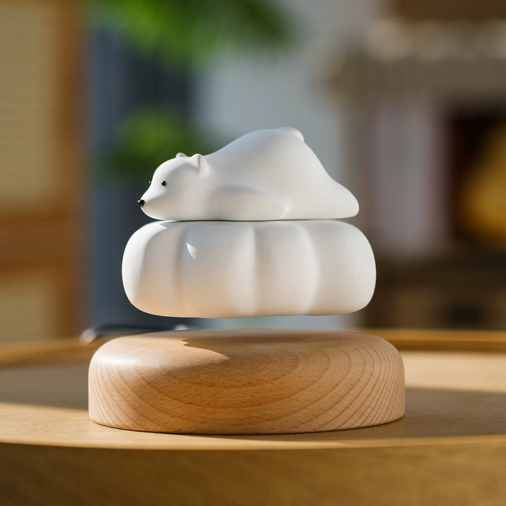 Magnetic Levitating Wooden Polar Bear On Cloud – Handmade Solid Wood Desk Decor Gift, Floating Toy
