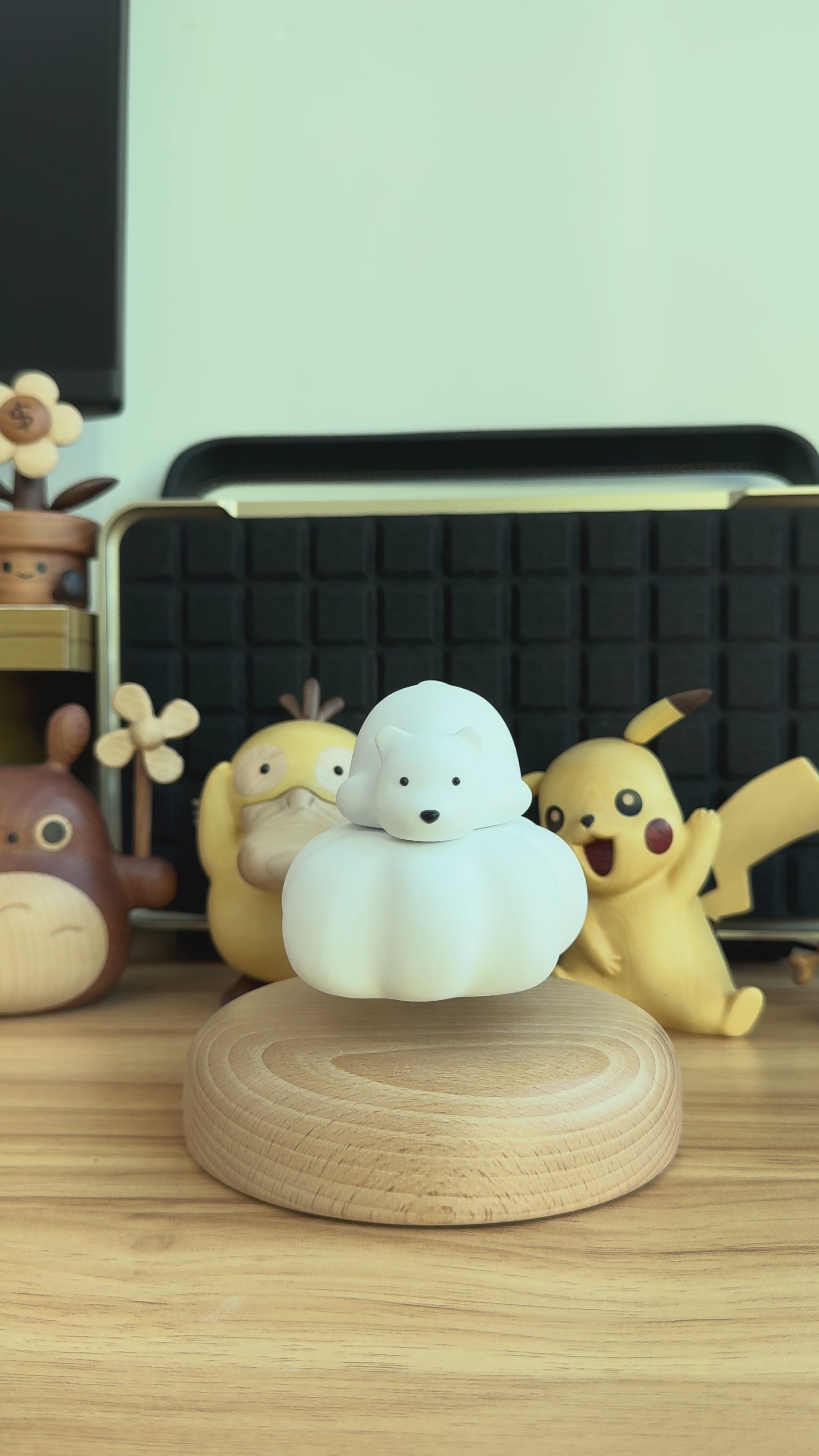 Magnetic Levitating Wooden Polar Bear On Cloud – Handmade Solid Wood Desk Decor Gift, Floating Toy